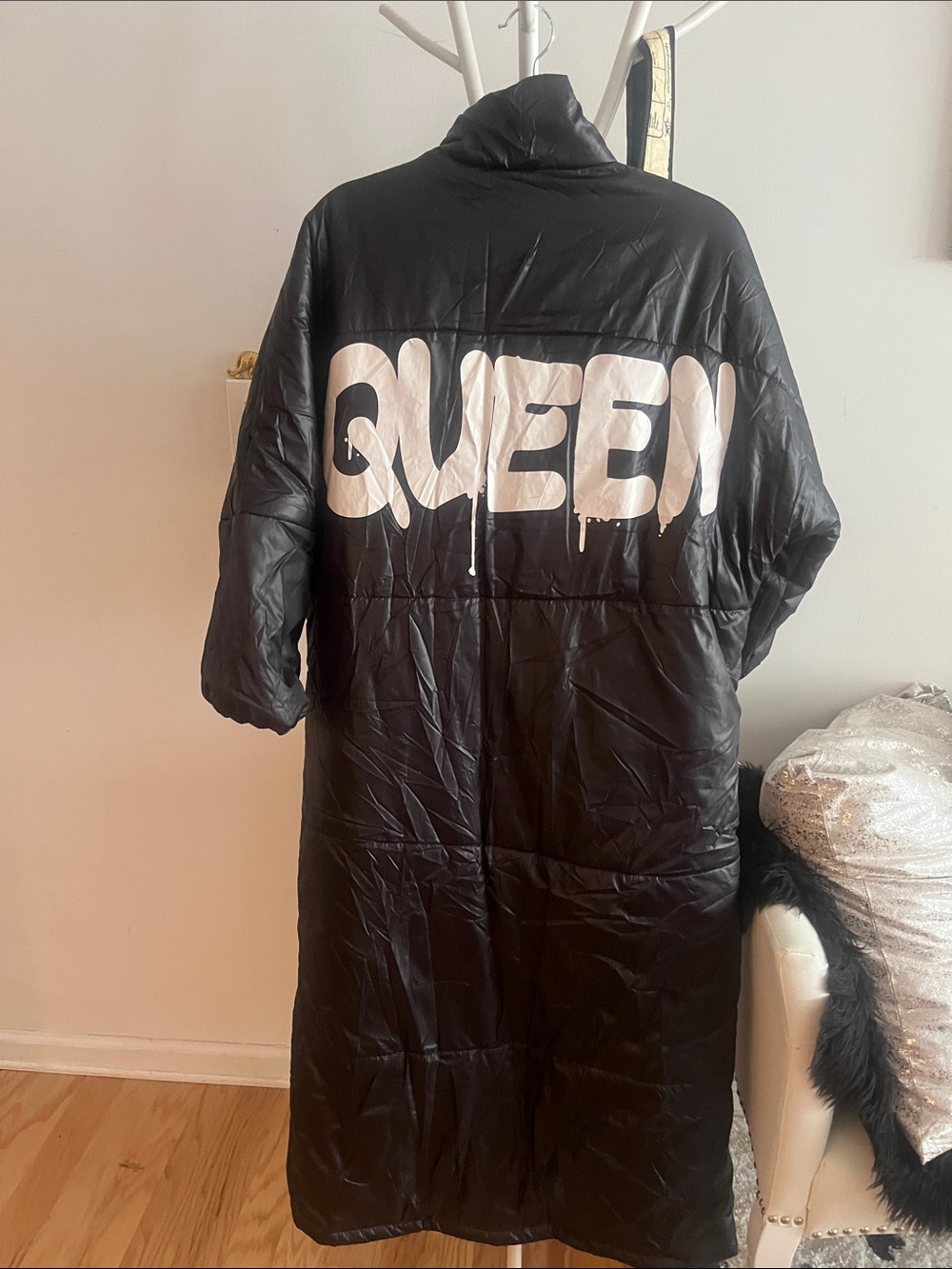 Black Long Puffer Coat with White 'QUEEN' Back Print